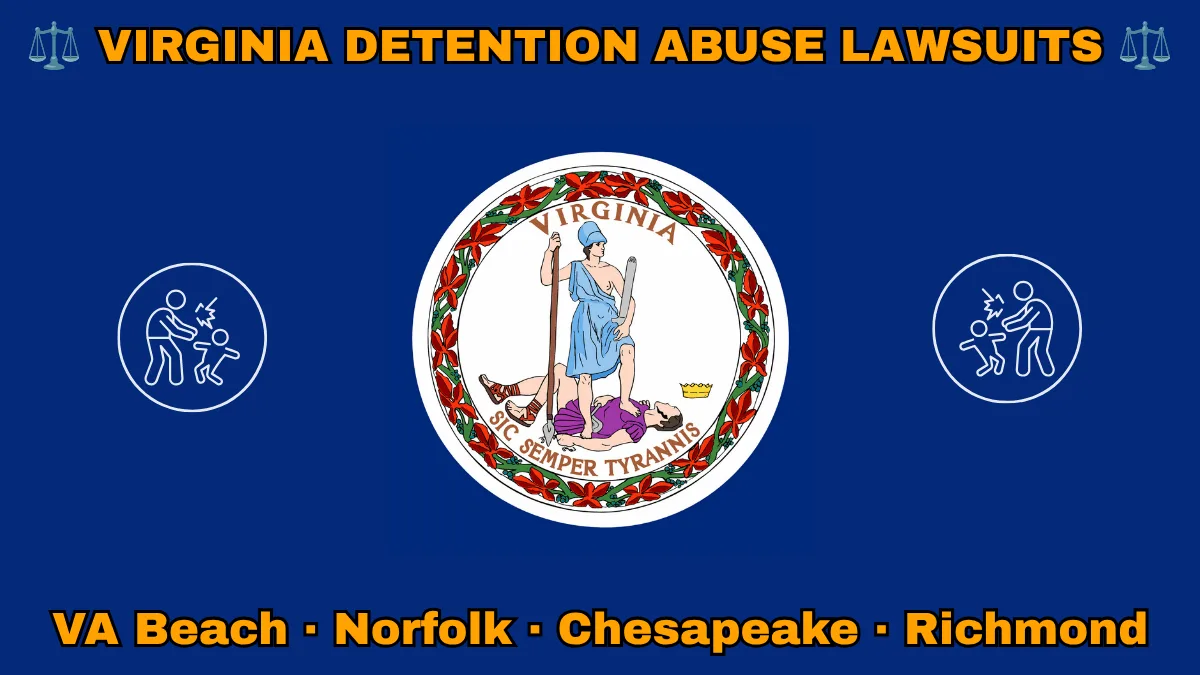 VIRGINIA DETENTION ABUSE LAWSUITS: VA Beach, Norfolk, Chesapeake, and Richmond text on VA state flag adorned with an adult physically pushing a child depicted near Virtus defeating Tyranny with a spear and sword.
