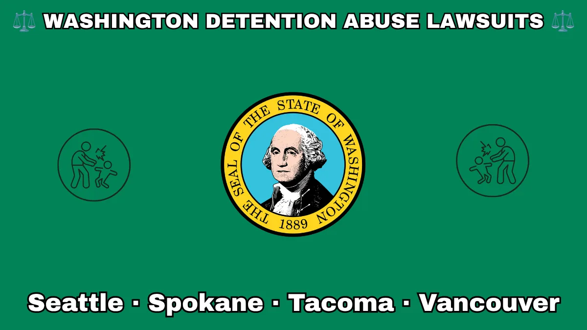 WASHINGTON DETENTION ABUSE LAWSUITS: Seattle, Spokane, Tacoma, and Vancouver text on WA state flag adorned with an adult physically pushing a child depicted on a green background near the official SEAL featuring George Washington.