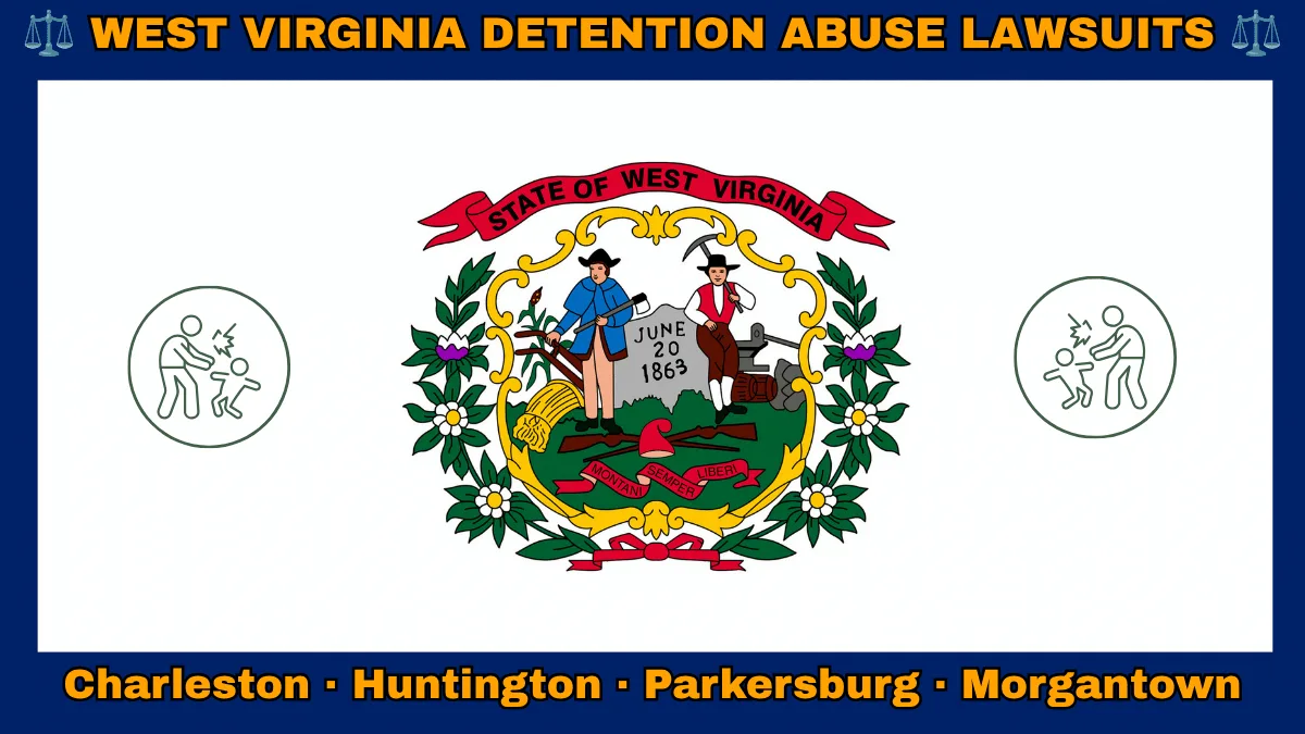 WEST VIRGINIA DETENTION ABUSE LAWSUITS: Charleston, Huntington, Parkersburg, and Morgantown text on WV state flag adorned with an adult physically pushing a child depicted on a white field with blue border near the official seal encircled by rhododendrons