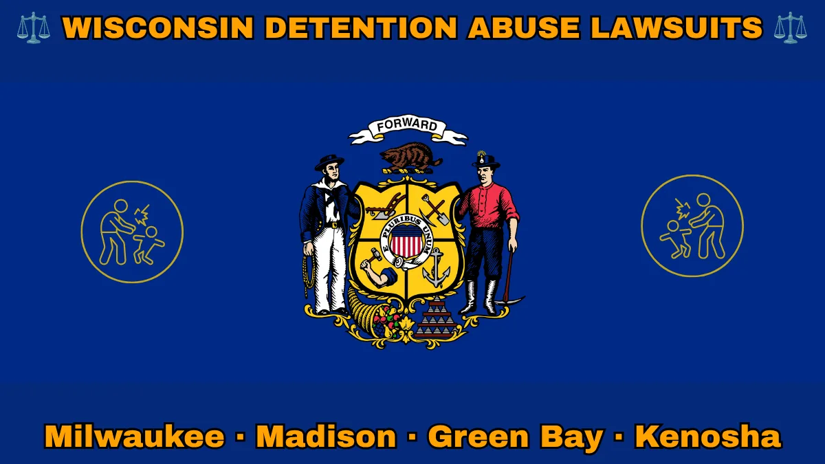 WISCONSIN DETENTION ABUSE LAWSUITS: Milwaukee, Madison, Green Bay, and Kenosha text on WI state flag adorned with an adult physically pushing a child depicted near a sailor and miner flanking a shield featuring agriculture, mining, manufacturing, and navigation, a badger above, and a cornucopia and lead ingot.