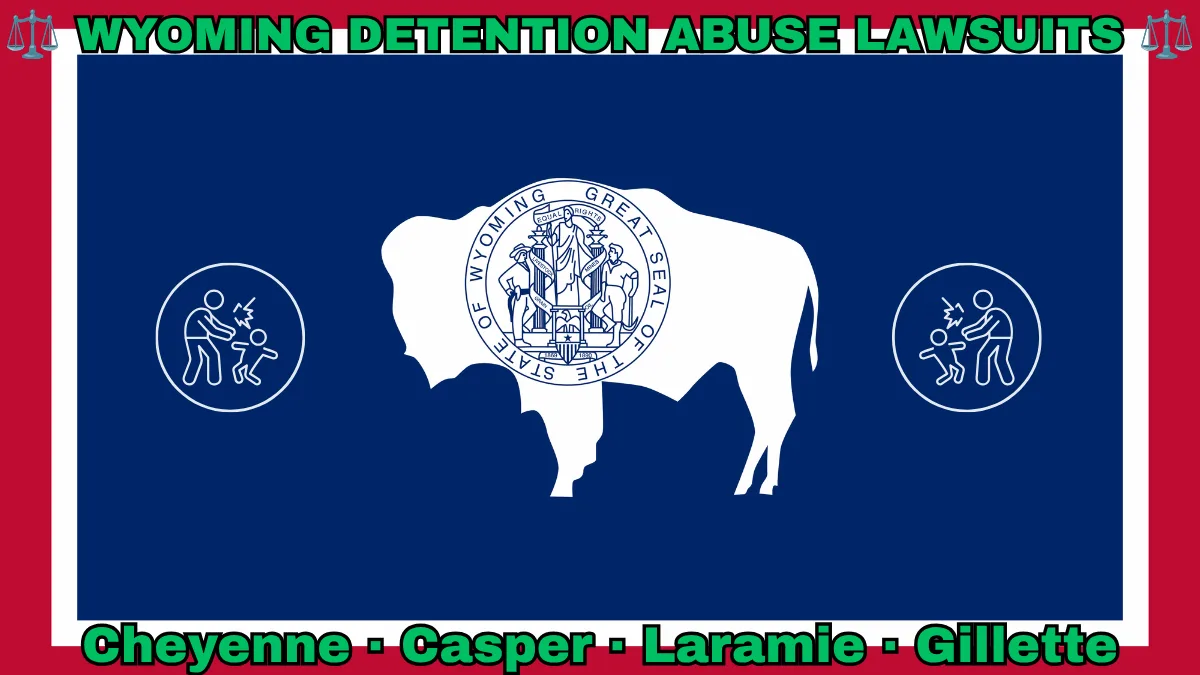 WYOMING DETENTION ABUSE LAWSUITS: Cheyenne, Casper, Laramie, and Gillette text on WY state flag adorned with an adult physically pushing a child depicted on a blue field bordered in white and red near a white bison bearing the official seal.