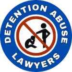 DETENTION ABUSE LAWYERS logo with a young person being reprimanded by a guard under a crossed out red line,